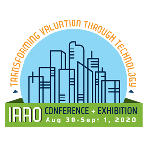 Abstracted lines create a skyline enclosed within a sky blue circle. Text reads: "Transforming Valuation Through Technology. IAAO Conference + Exhibition. Aug 30-Sept 1, 2020."