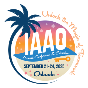 Logo features a palm tree around a circle. The top of the circle is a sunset gradient, and the bottom is a sand color, separated by a wavy blue line representing the ocean. Text reads: "Unlock the Magic of Teamwork. IAAO Annual Conference & Exhibition. September 21-24, 2025. Orlando."