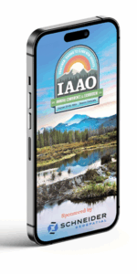 A smartphone displays the conference logo and photo of the Colorado Rockies.