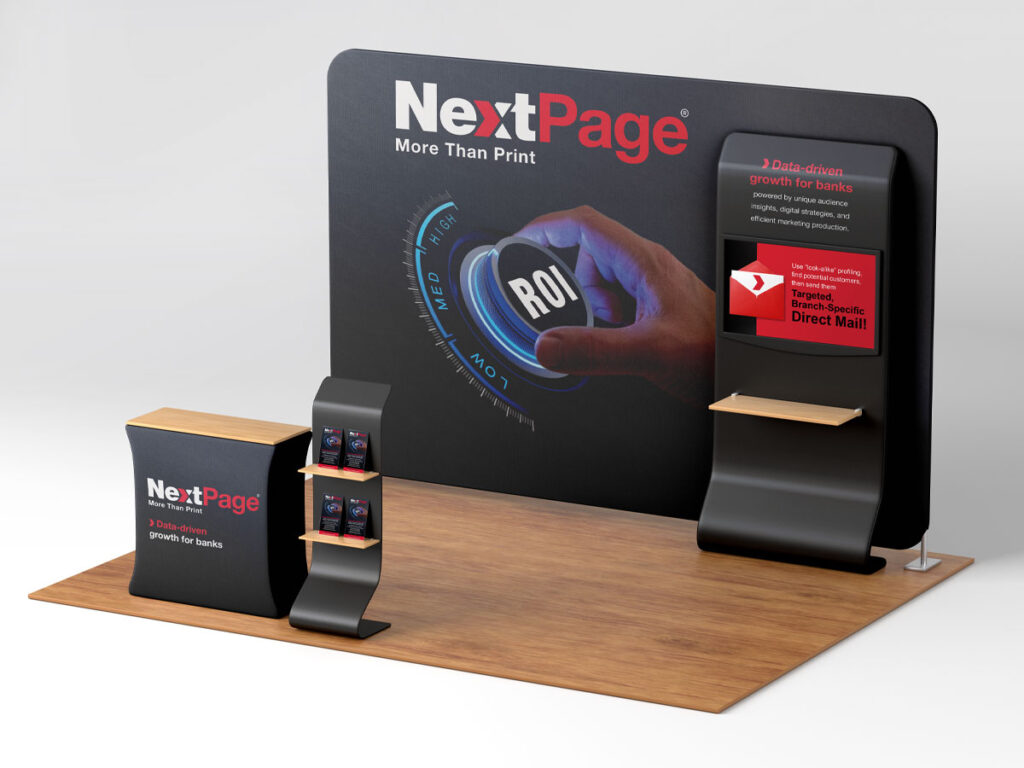 Trade Show Booth with backdrop, shelf, television, counter, and shelf of flyers
