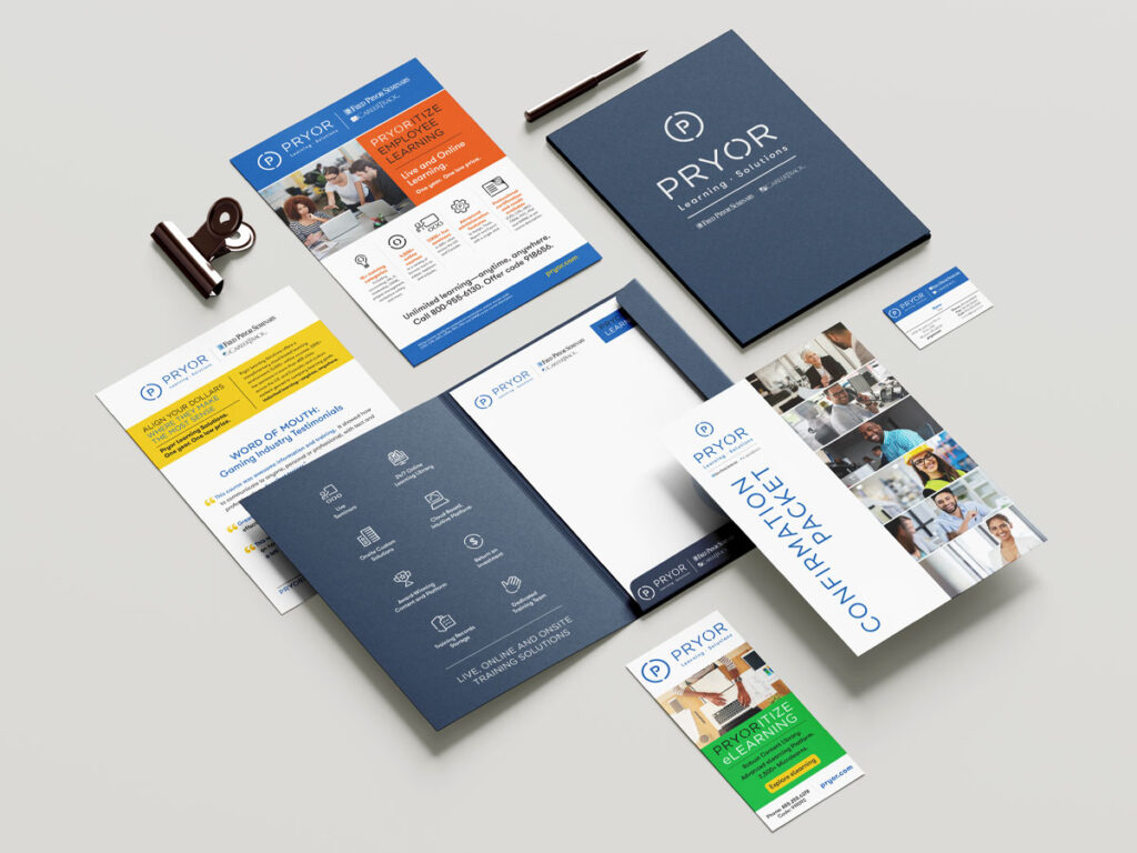 Pryor Learning Solutions branding items including folders, flyers, and business cards