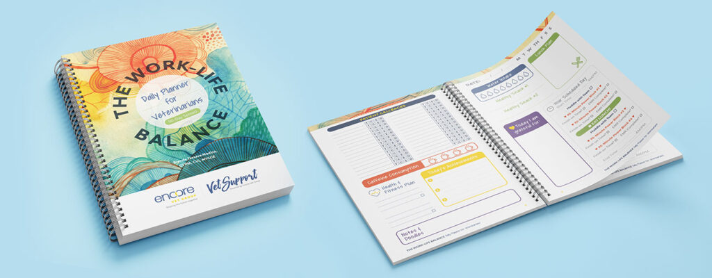 The Work-Life Balance Daily Planner for Veterinarians spiral notebook, closed and open